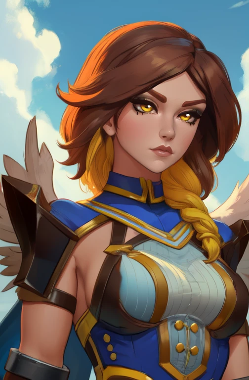 Furia, yellow eyes,multicolored hair,brown hair,braid, multi colored feathered wings on upper back,
garter straps, pauldrons, leotard with buttons, gauntlets,
standing, cloudy sky,
(best quality, masterpiece, beautiful and aesthetic:1.2, highest detailed face, perfect face,)
<lora:Furia-10v7:0.7>