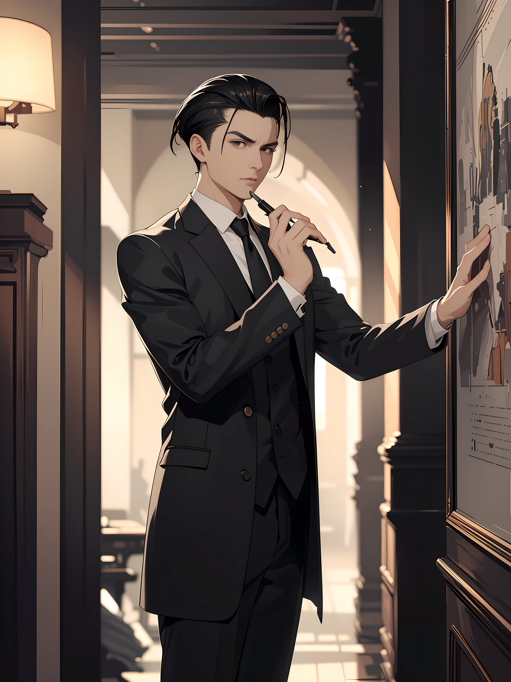 (anime), ((extremely detailed 8k illustration)), highres, (extremely detailed and beautiful background), ultra detailed painting, professional illustrasion, Ultra-precise depiction, Ultra-detailed depiction, (beautiful and aesthetic:1.2), HDR, (depth of field:1.4), colorful, vivid, beautiful detailed glow light particles, intricate:1.4, (a middle-aged male) detective with a dashing, (slicked-back hairstyle:1.4), (short hair,) (Pointed haircut), exuding an air of intelligence and mystery, 45 years old, Fine suit, black necktie, cowboy shot, character focus, An elegant room with classical music playing, A cafeteria with a nice retro atmosphere,
