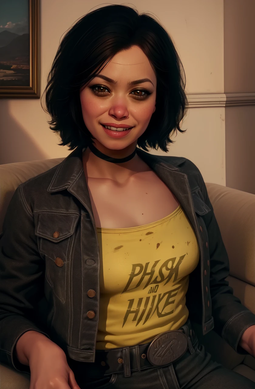 Roxanne, short black hair, messy makeup, brown eyes black jacket, yellow shirt, black jeans, black choker,
upper body, smile, solo, messy house, white couch, sitting,
(best quality, masterpiece, beautiful and aesthetic:1.2, highest detailed face, perfect face,) <lora:Roxanne-10v7:0.8>