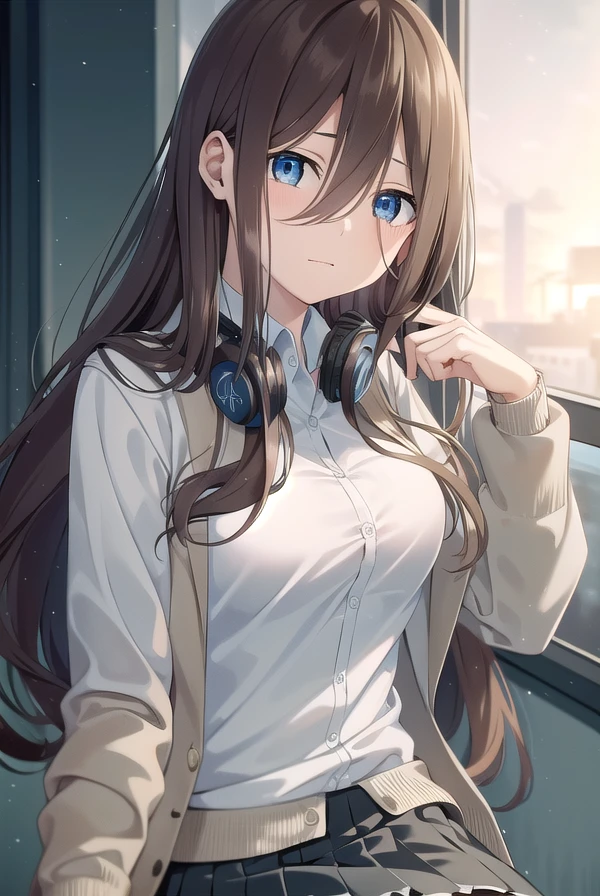 miku nakano, <lora:mikunakanochickeiii-lora-nochekaiser:1>,
miku nakano chicke iii, long hair, bangs, blue eyes, brown hair, hair between eyes, headphones, headphones around neck,
BREAK skirt, shirt, long sleeves, white shirt, pantyhose, pleated skirt, black pantyhose, cardigan, green skirt, blue cardigan,
BREAK indoors, classroom, school,
BREAK looking at viewer, (cowboy shot:1.5), (upper body:1.5),
BREAK <lyco:GoodHands-beta2:1>, (masterpiece:1.2), best quality, high resolution, unity 8k wallpaper, (illustration:0.8), (beautiful detailed eyes:1.6), extremely detailed face, perfect lighting, extremely detailed CG, (perfect hands, perfect anatomy),