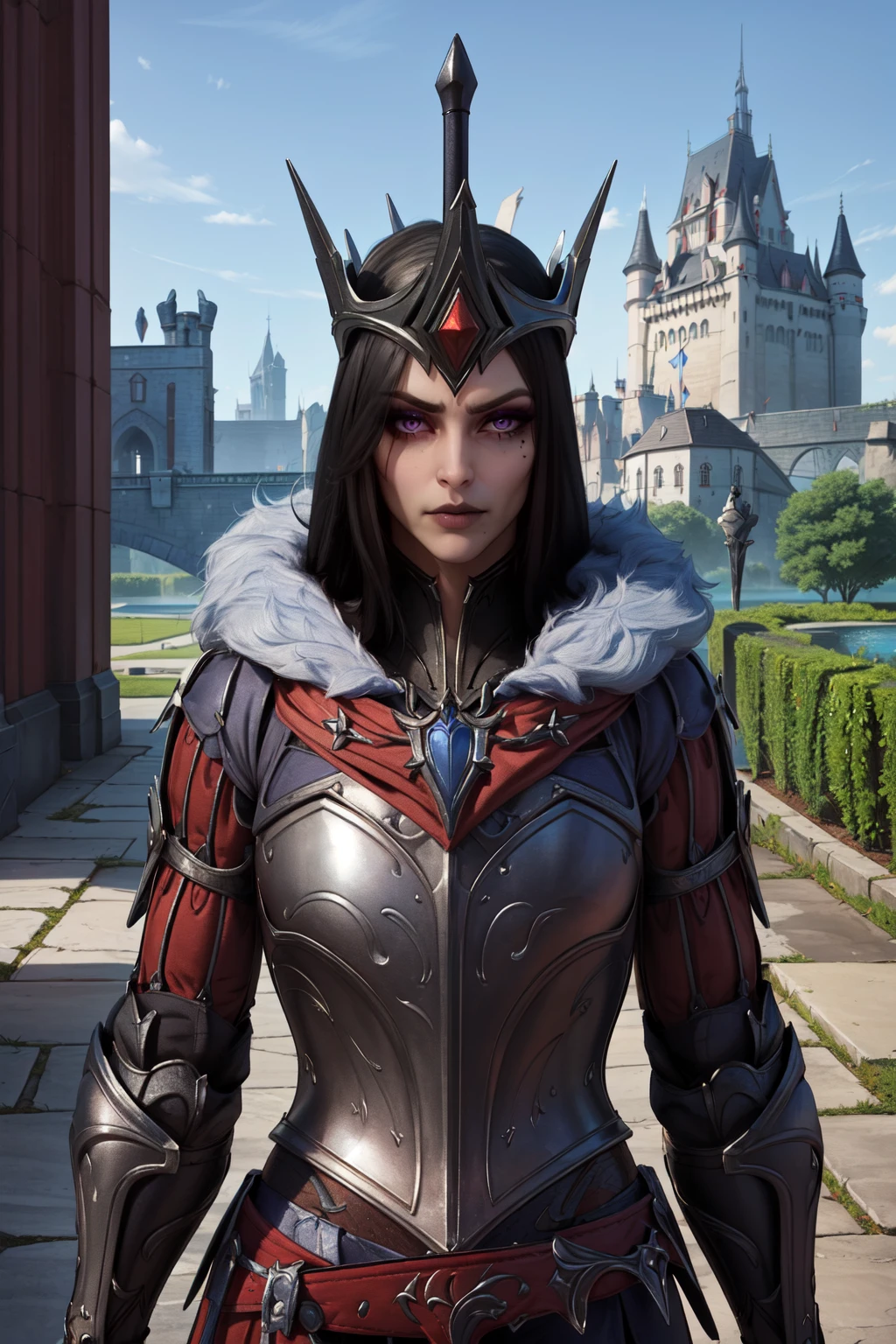 <lora:MorganLeFaySmite-000007:0.85>, MorganLeFay Smite, 1girl, solo, long hair, looking at viewer, weapon, belt,  cape, ((hip armor)), armor, fur trim, makeup, crown, knife, lipstick, gauntlets, greaves, sword,holding sword,black knight sword, narrowed eyes,portrait:1.5,
(castle background, castle courtyard, grey castle stone),
(insanely detailed, beautiful detailed face, masterpiece, best quality),