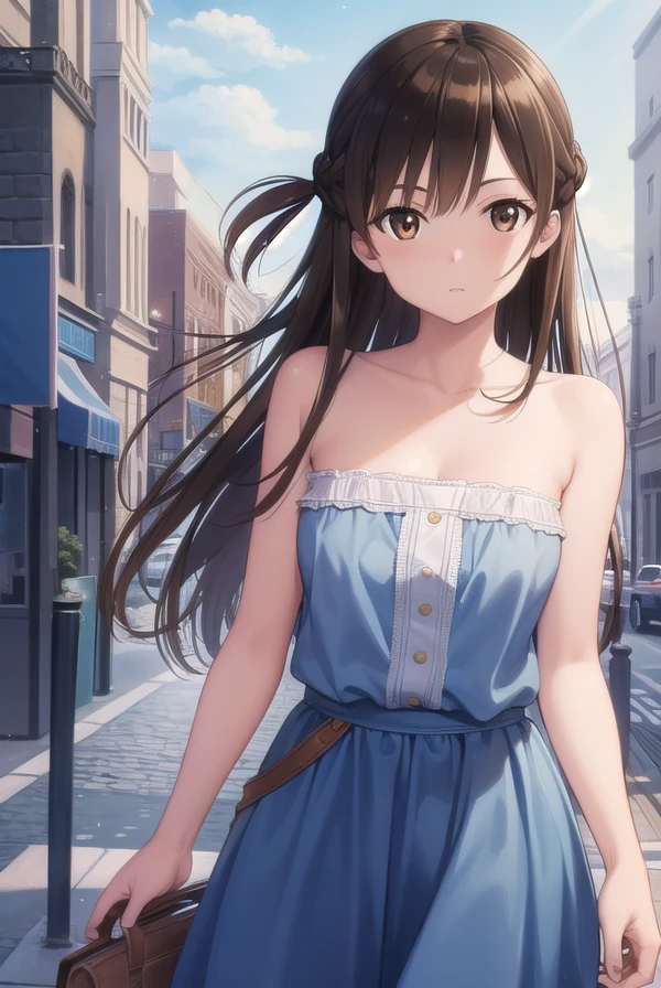 mizuharachizuru, <lora:chizuruichinosepopochichi-lora-nochekaiser:1>,
chizuru ichinose popochichi, long hair, brown hair, (brown eyes:1.7), (one side up:1.5), bangs, braid, hair braid,
BREAK bare shoulders, dress, strapless dress, strapless, short sleeves, blue dress, skirt, blue skirt,
BREAK outdoors, city,
BREAK looking at viewer, (cowboy shot:1.5),
BREAK <lyco:GoodHands-beta2:1>, (masterpiece:1.2), best quality, high resolution, unity 8k wallpaper, (illustration:0.8), (beautiful detailed eyes:1.6), extremely detailed face, perfect lighting, extremely detailed CG, (perfect hands, perfect anatomy),