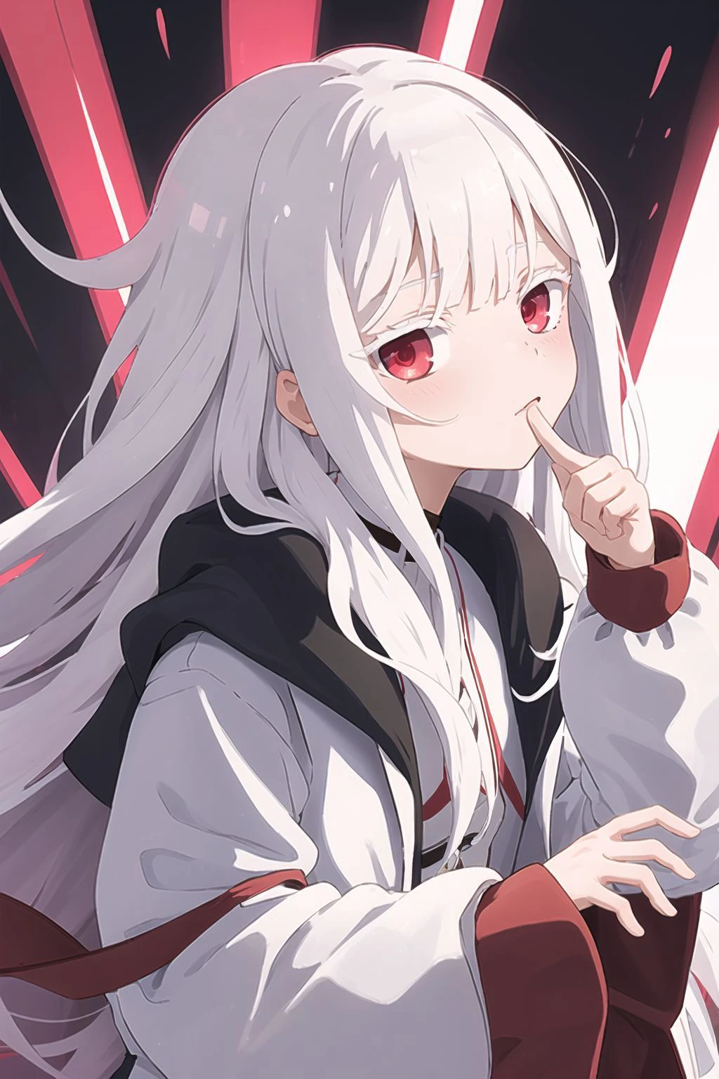 masterpiece, best quality, 1girl, long hair, white hair,red eyes, white labcoat, long sleeves, looking at viewer, <lora:colored_eyelashes000:1>,white eyelashes,