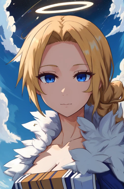 CelestialHostess,blonde hair with a single braid, blue eyes, short hair, solo, floating,
cleavage, white and blue dress,fur trim, ,pelvic curtain, halo above head, long sleeves,
in the sky, clouds, sun, stars
(best quality, masterpiece, beautiful and aesthetic:1.2, highest detailed face, perfect face,)
<lora:CelestialHostess-10v6:0.7>