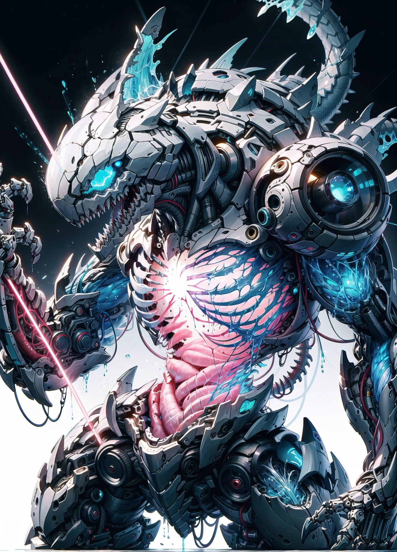 detailed, ultra-detailed, masterpiece, 8k wallpaper,<lora:BIOMECHA:1>
, (bio mecha:1.5),(mecha:1.4),
, (muscle:1.3), (muscle tissue:1.5),
shark,no humans,hybrid, monster, simple background, extra eyes, mecha, laser, solo, science fiction, teeth, glowing,dripping, cable, claws,  shark dog,mechanical tail,  weapon,