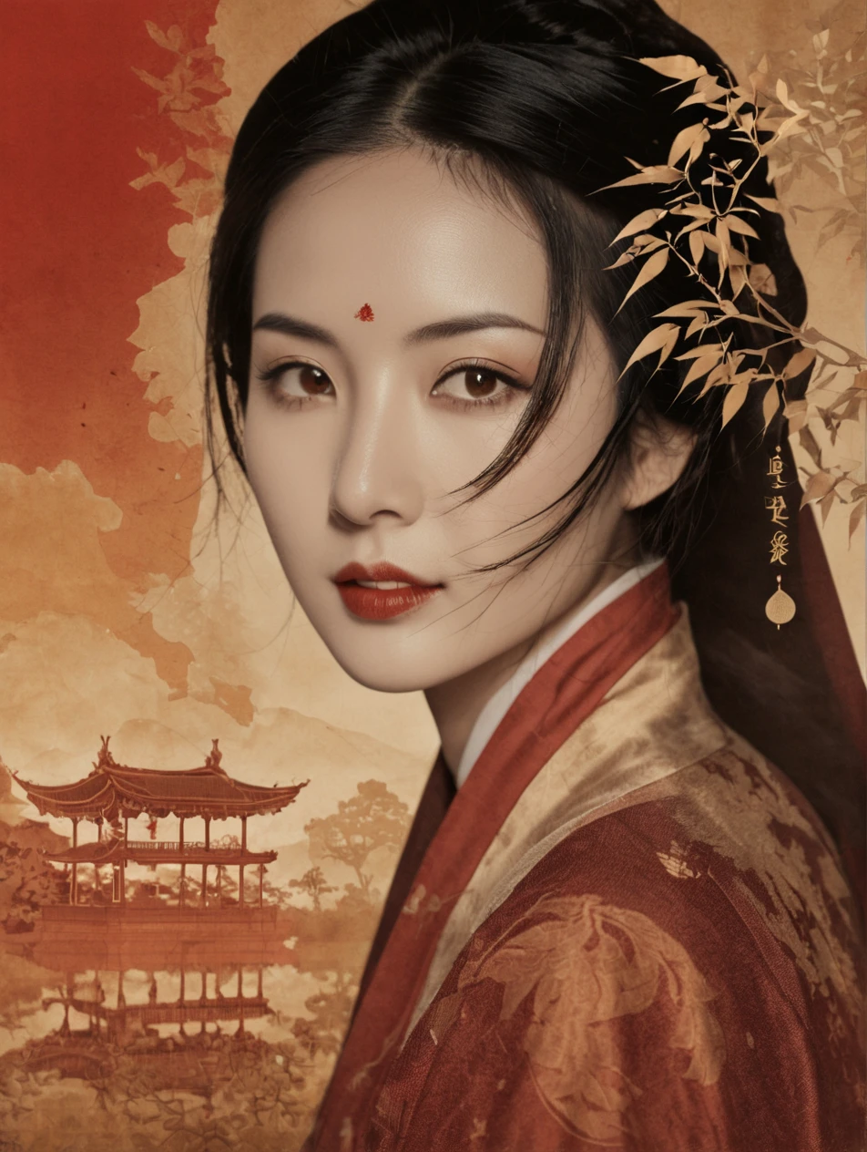 Double Exposure Style, cinematic photo ink wash painting of A traditional Chinese art-inspired portrait, featuring a woman in ancient Hanfu attire. The serene landscape evokes the tranquility found in classical Chinese paintings from the Song and Ming dynasties. Complementing the scene are golden calligraphy characters and red seals,  all set within a color palette rich in soft golds, whites, and deep reds.
.Focusing on facial features, capturing emotions in detail.,Classic portrait lighting, characterized by a small triangle of light on the cheek. . monochromatic, loose, fluid, expressive, delicate,colorful . 35mm photograph, film, bokeh, professional, 4k, highly detailed, double image ghost effect, image combination, double exposure style