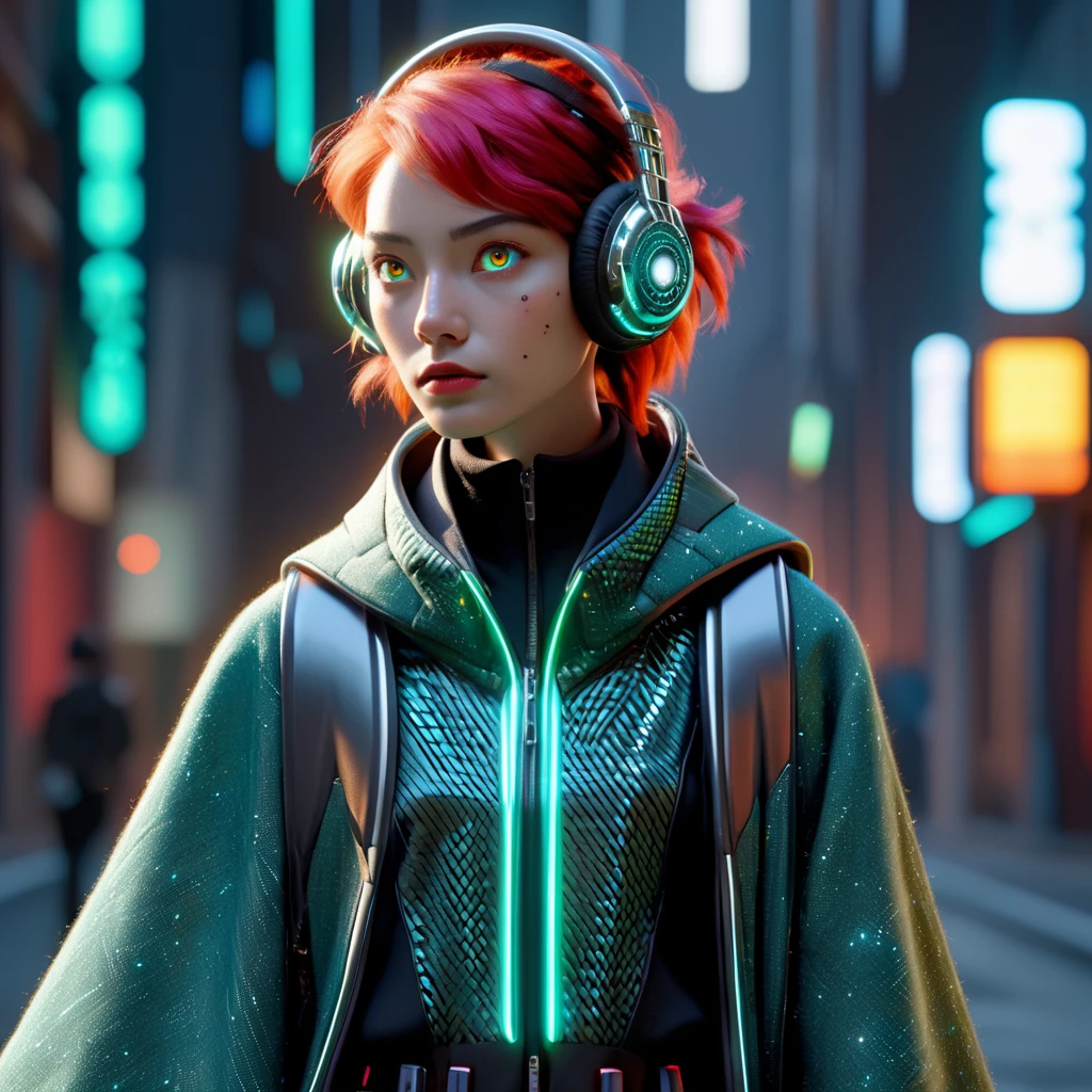 ((best quality)), ((masterpiece)), ((realistic,digital art)), (hyper detailed),cyberpukai female Holo-conference organizer, , Youth, Slinky, Inuit, Light brown eyes, Attached Ears, Round Nose, Prominent Cheeks, Diamond face shape, Graceful Clavicle, , Ruby Red Blunt cut hair, Insecurity, Sitting in a cockpit with hands on controls, focused on the mission., wearing Harlequin Dark green Tweed Electroluminescent Palazzo Pants, Levitating Poncho, Graphene Hiking Boots, Sonic Soundwave Earmuffs, ,, Standing confidently, ready for action., octane rendering, raytracing, volumetric lighting, Backlit,Rim Lighting, 8K, HDR <lora:CyberPunkAI:0.8>