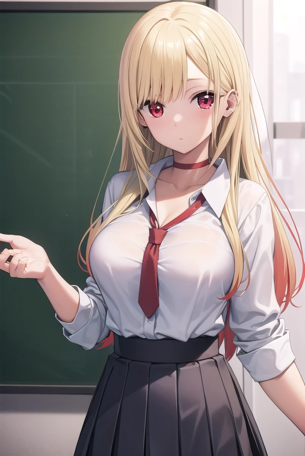 Blonde hair in a high ponytail, busty, cleavage, unbuttoned , skirt, standing, smiling, open mouth, tongue hanging out, (blushing:1.3), looking intently at the viewer, facing the viewer, classroom background, leaning forward on table, (pov), glowing eyes, necklace, earrings, nsfw, 