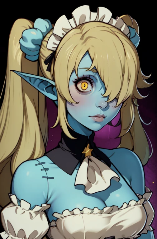 ZoMaid, pointy ears, yellow eyes, stitches, twintails, ash blond hair, zombie,
maid attire,
standing, upper body,
open restaurant, stars,
(best quality, masterpiece, perfect face, beautiful and aesthetic:1.2, highest detailed face),
<lora:Maid-10v6:0.7>