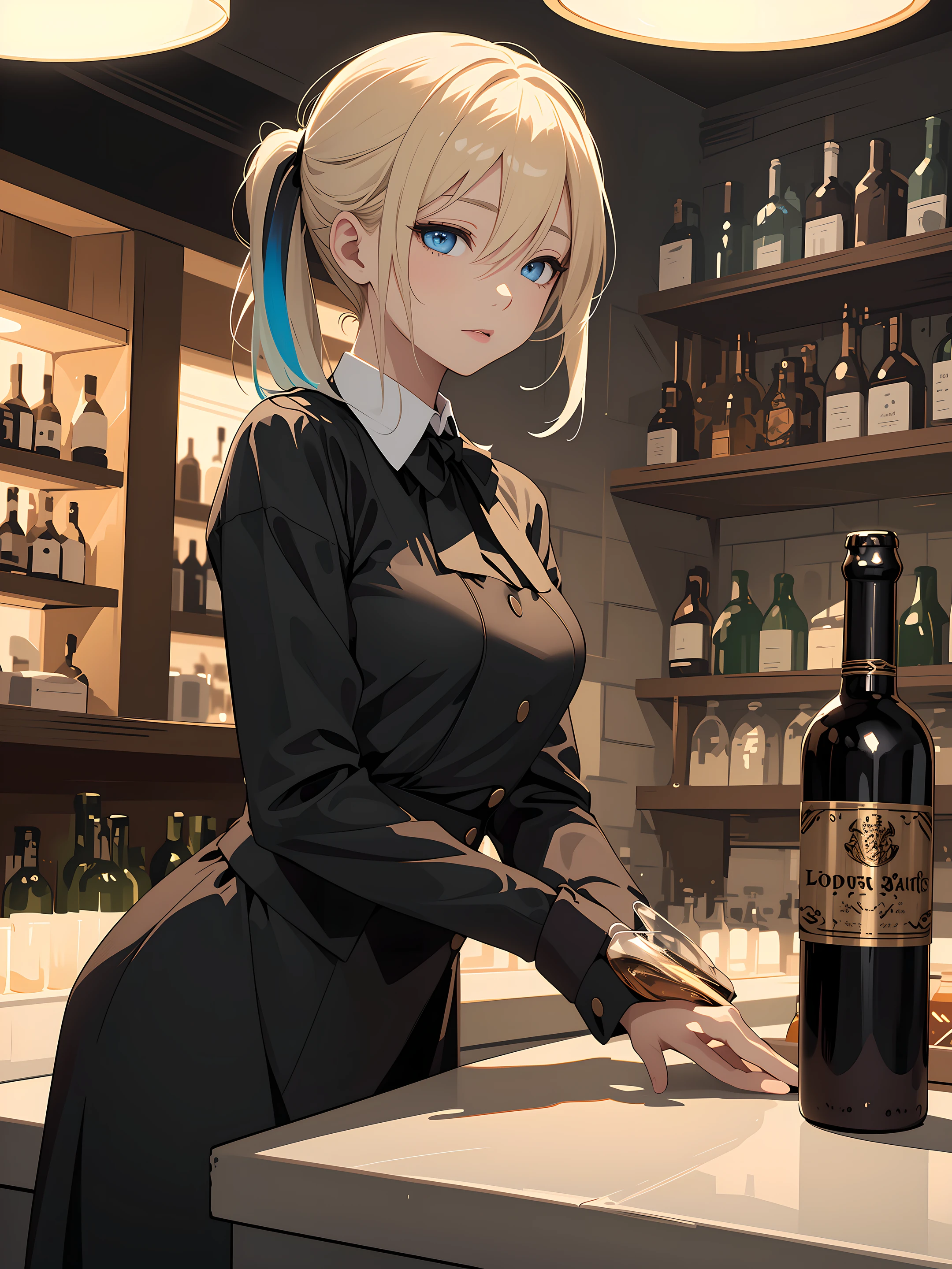 (masterpiece, best quality, absurdres), high quality, highres, ultra detailed, intricate, cinematic lighting, wallpaper, soft lighting, cowboy shot, full shot, looking at viewer, upper body, parted lips, 1 girl, kei Karuizawa, blonde hair, bangs, long ponytail , detailed violet eyes, ((Super Realistic Detailed Eyes, glowing eyes)), 20yo,beautiful face, sharp focus,black business suit, bartender, bar vibes, wine, holding a wine glass,