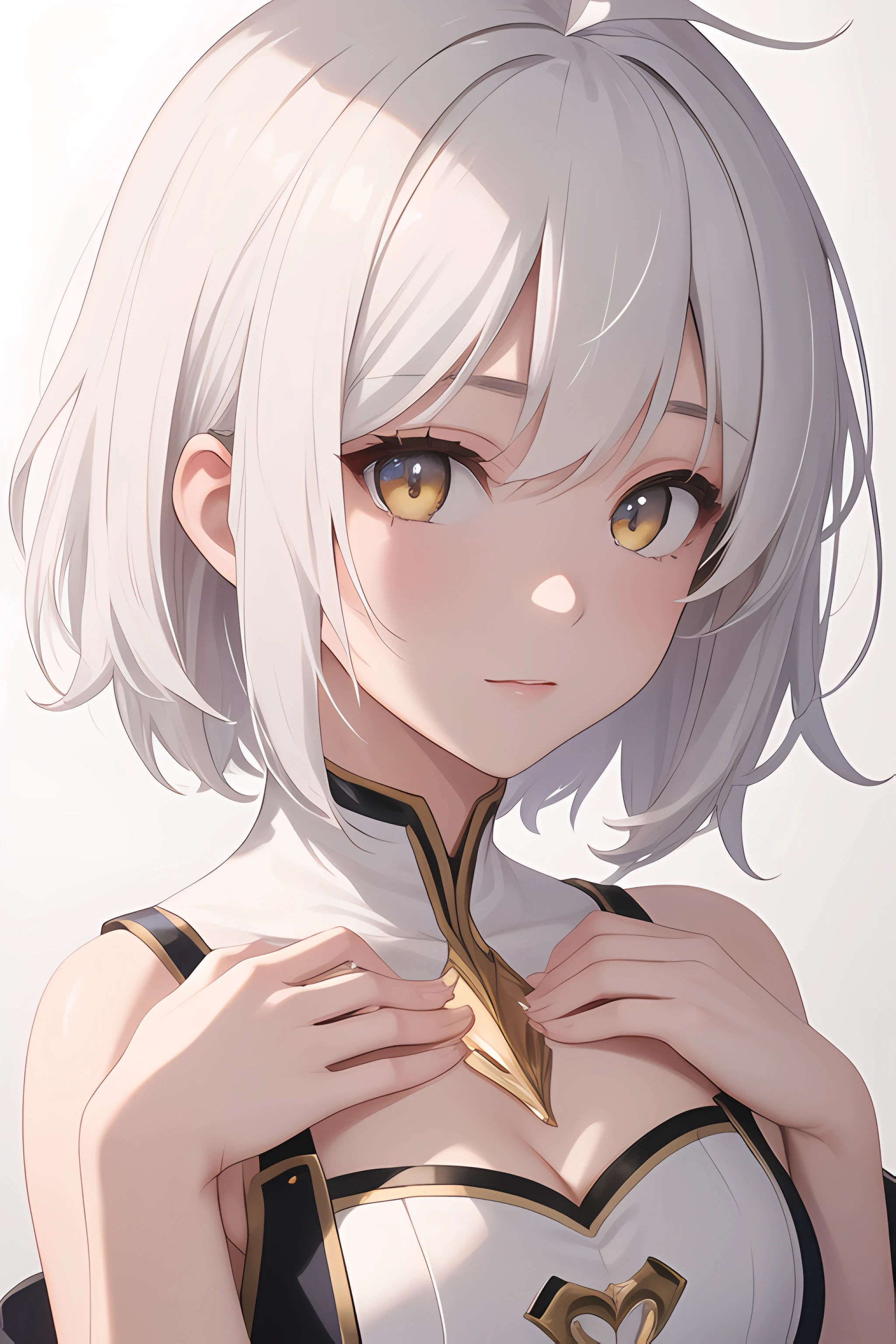 (masterpiece, best quality, high quality, highres, ultra-detailed),1girl,solo,beautiful eyes,white hair,golden eyes,short hair,ahoge,(hand on own chest),close up,