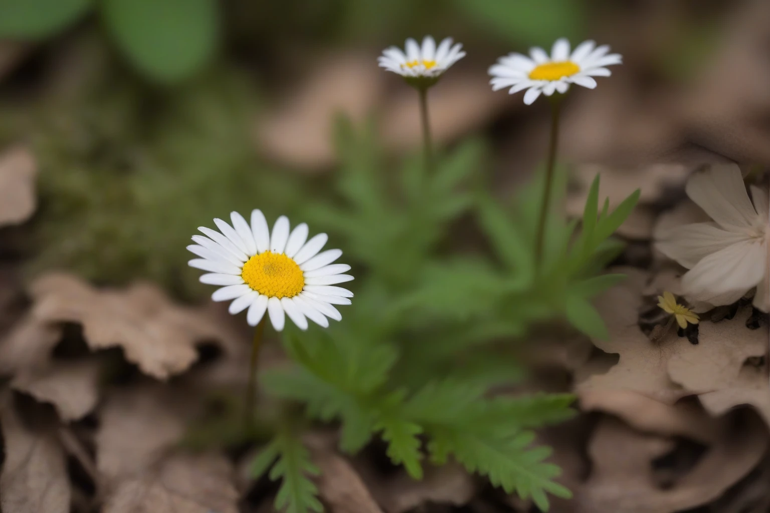 a perfect closeup photo of a tiny daisy flower on the overgrown forest floor
