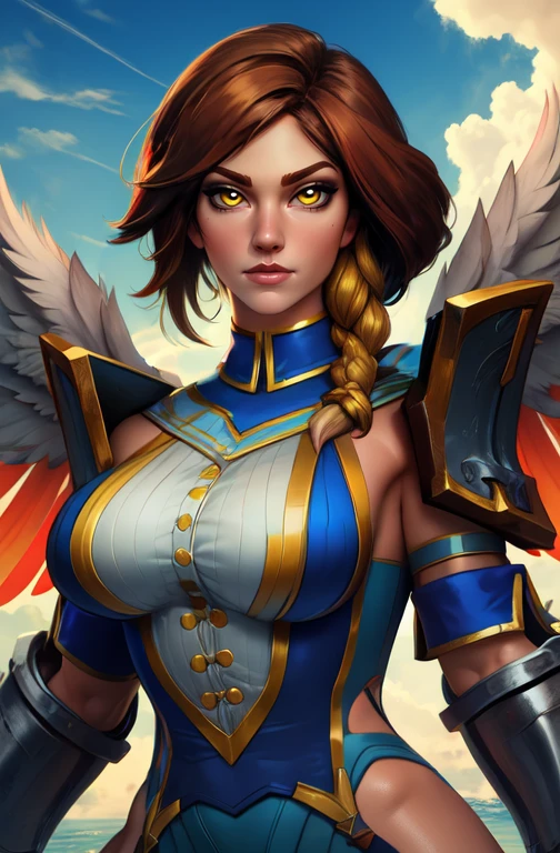 Furia, yellow eyes,multicolored hair,brown hair,braid,  multi colored feathered wings on upper back,
garter straps, pauldrons,  leotard with buttons, gauntlets,
standing,  cloudy sky,  
(best quality, masterpiece, beautiful and aesthetic:1.2, highest detailed face, perfect face,)
 <lora:Furia-10v7:0.7>