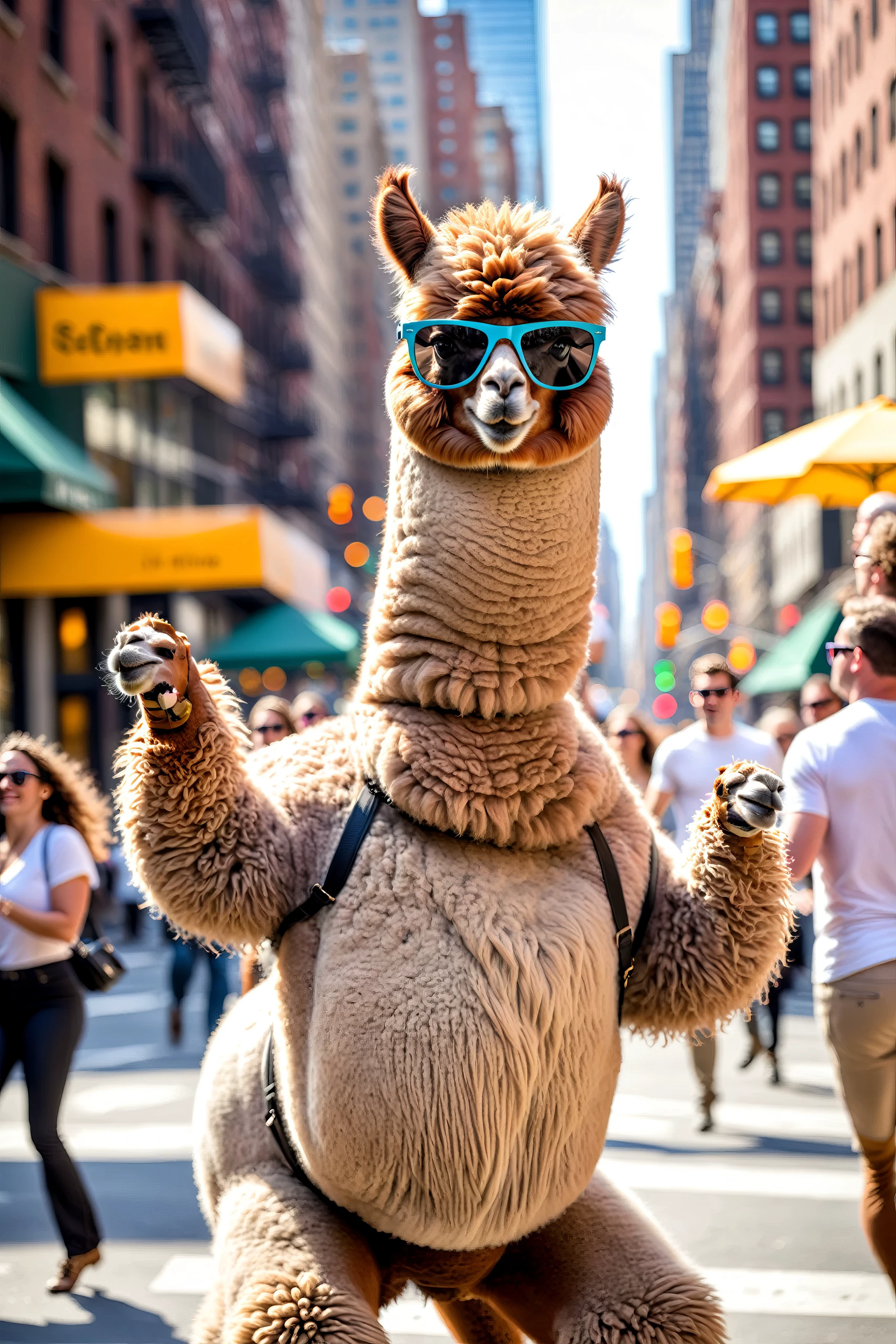 ASCIIphoto, hyper dancing alpaca man in the New York city, sunglasses, Bokeh, depth of field