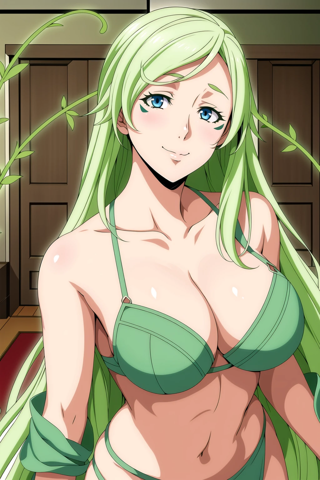 red carpet and a door,bamboo, plant, potted plant,
green leaf Bra,green leaf panties, collarbone, cleavage,
<lora:Treyni_Slime-KK77-V2:0.7>,
green hair ,blue eyes,bangs,very long hair, facial mark,glowing,sparkle,
<lora:Oda_Non_Style-KK77-V2:0.3>,<lora:more_details:0.1>,
1 girl, 20yo,Young female,Beautiful Finger,Beautiful long legs,Beautiful body,
Beautiful Nose,Beautiful character design, perfect eyes, perfect face,expressive eyes,perfect balance,
looking at viewer,(Focus on her face),closed mouth, (innocent_big_eyes:1.0),(Light_Smile:0.3),
official art,extremely detailed CG unity 8k wallpaper, perfect lighting,Colorful, Bright_Front_face_Lighting,White skin,
(masterpiece:1.0),(best_quality:1.0), ultra high res,4K,ultra-detailed,
photography, 8K, HDR, highres, absurdres:1.2, Kodak portra 400, film grain, blurry background, bokeh:1.2, lens flare, (vibrant_color:1.2),professional photograph,
(Beautiful,large_Breasts:1.0), (beautiful_face:1.5),(narrow_waist),