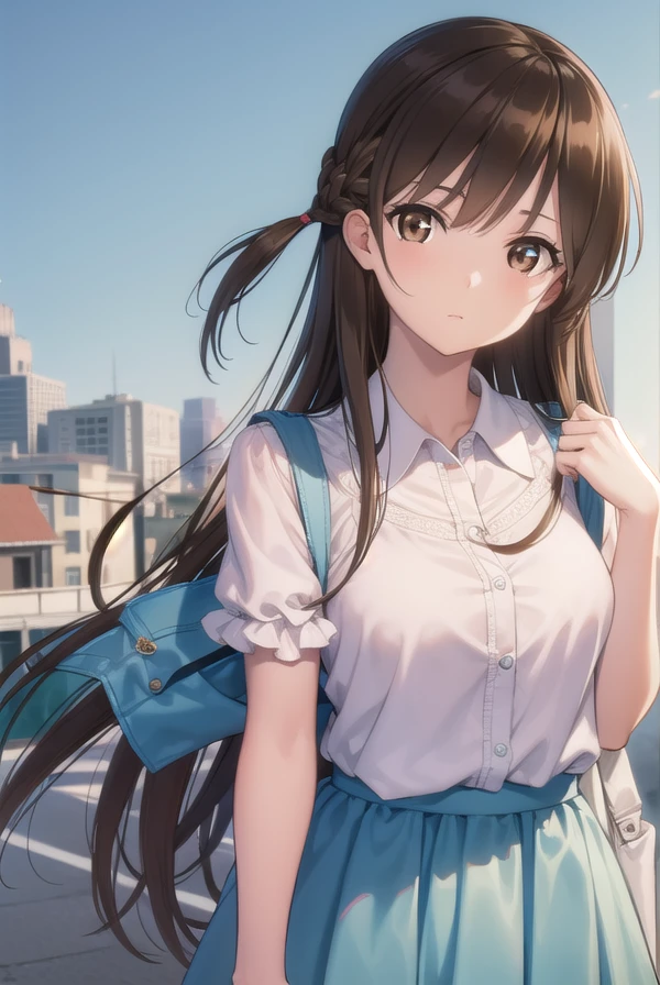 mizuharachizuru, <lora:chizuruichinosepopochichi-lora-nochekaiser:1>,
chizuru ichinose popochichi, long hair, brown hair, (brown eyes:1.7), (one side up:1.5), bangs, braid, hair braid,
BREAK shirt, short sleeves, puffy sleeves, collared shirt, white collar, pink shirt, skirt, blue skirt,
BREAK outdoors, city,
BREAK looking at viewer, (cowboy shot:1.5),
BREAK <lyco:GoodHands-beta2:1>, (masterpiece:1.2), best quality, high resolution, unity 8k wallpaper, (illustration:0.8), (beautiful detailed eyes:1.6), extremely detailed face, perfect lighting, extremely detailed CG, (perfect hands, perfect anatomy),