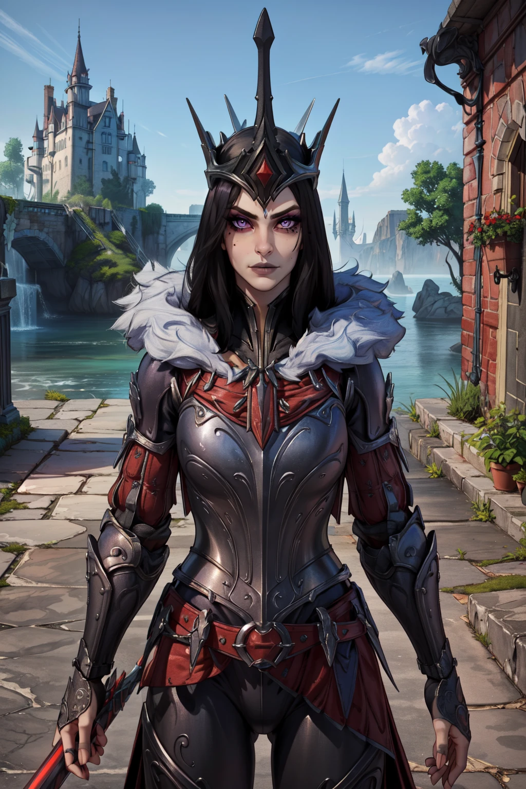 <lora:MorganLeFaySmite-000007:0.85>, MorganLeFay Smite, 1girl, solo, long hair, looking at viewer, weapon, belt, cape, ((hip armor)), armor, fur trim, makeup, crown, knife, lipstick, gauntlets, greaves, sword,holding sword,black knight sword, narrowed eyes,portrait:1.5,
(castle background, castle courtyard, grey castle stone),
(insanely detailed, beautiful detailed face, masterpiece, best quality),