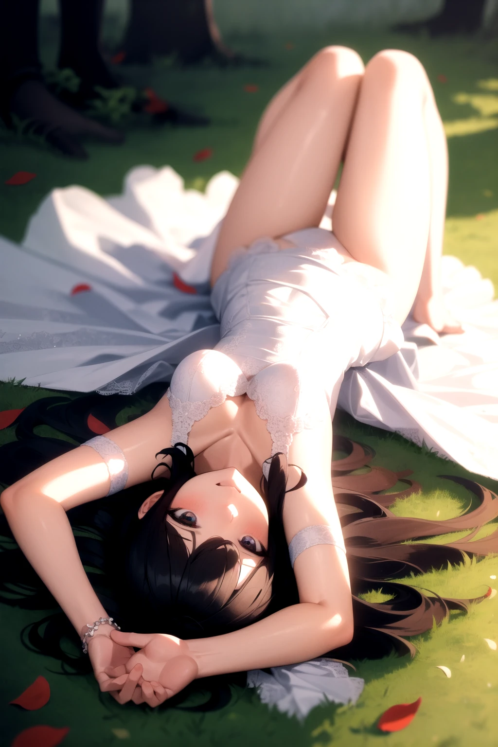 <lora:upside-down_v0.2:1> 
1girl, upside-down, wedding dress, grass, petals, veil,, masterpiece, best quality, highly detailed