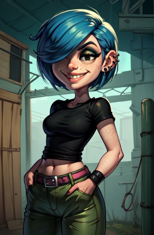 MarieK,short blue hair,ear piercing,hair over one eye,freckles,black eyes,makeup,standing,hand in pockets,smiling, 
green pants,black shirt,black wristbands,midriff,belt, 
picket fence,morning,
(insanely detailed, beautiful detailed face, masterpiece, best quality) 
 <lora:Mariekanker-10v7:0.8>