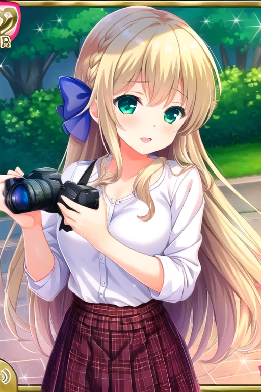 masterpiece, best quality, highly detailed background, perfect lightingbest quality, <lora:Mochizuki-Erena:0.8>, 1girl, solo, blonde hair, hair ribbon, braid, green eyes, one eye closed, long hair, breasts, white shirt, shirt, red skirt, plaid skirt, holding camera, smile, open mouth, pink lips.