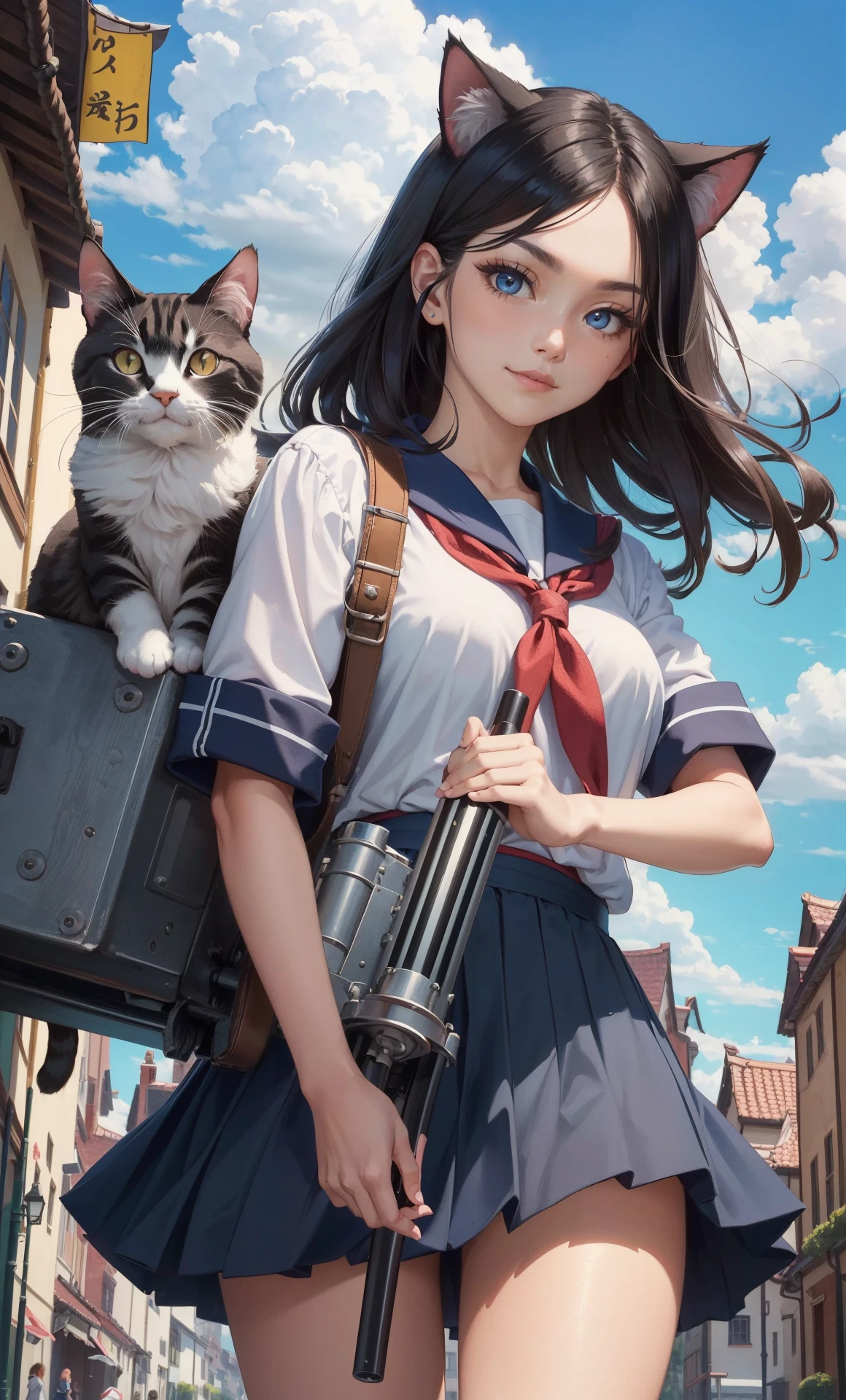 ((Top quality)),((masterpiece)),((perfect face)),((background blur)),((kawaii)), nsfw, One schoolgirl, summer school uniform, A perfect Japanese sword, Japanese sword in each hand, Japanese sword in each hand, two sword license, long black hair, brown eyes, (beautiful eyes in detail). A place in Europe in the 1600s, midnight, many cats on the street, about to fight to the death with cats, fired up, serious, fearless smile, cool, dynamic angle, ((kawaii)), ((heavy Gatling gun in tow)), close-up,, outdoor, blue sky, cloud day, day,, outdoor, blue sky, cloud day, day,