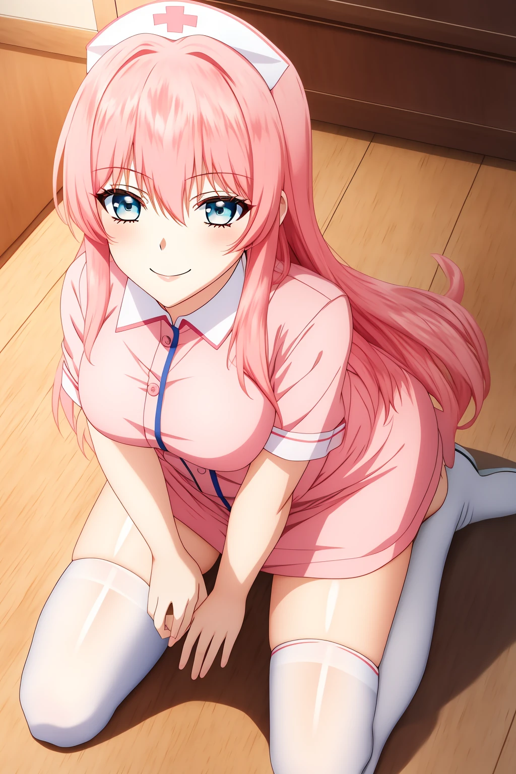 "Beautiful young anime, Long flowing pastel pink hair, big expressive blue eyes, Bright smile, Wearing a cute uniform, Cherry blossom background, Detailed illustrations, Vibrant colors
shy,((Pink nipples:1.2),(open clothes:1.5)),One girl,(a white panty:1.5), shy,(LIFT clothes:1.5), spread legs,((press breasts:1.2)),(lie on bed:1.5)