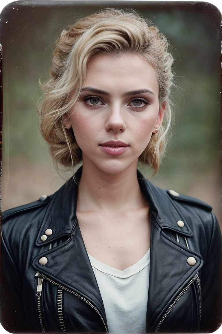 photo of (scj0_jg:0.99), closeup portrait, perfect blonde hair, hair upsweep updo, posing, (vintage photo, biker outfit), (postcard style), 160mm f/8, 1/10s, ISO 25, ((tintype)), (analog, film, film grain:1.3), ((advertisement ad, 80s style, gritty)), happy, ((detailed eyes))