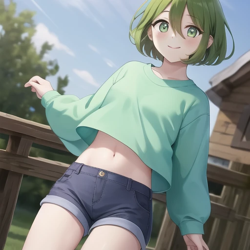 (masterpiece, best quality:1.2),illustration,8k,hd,absurdres,1girl,solo,cowboy shot,facing viewer,smile,short_hair,bangs,blue_shirt,white_pupils,long_sleeves,hair_between_eyes,green_eyes,ahoge,green_hair,shoes,socks,midriff,crop_top,white_footwear,denim_shorts,<lora:Zombie-Bubble(remake):0.8>,