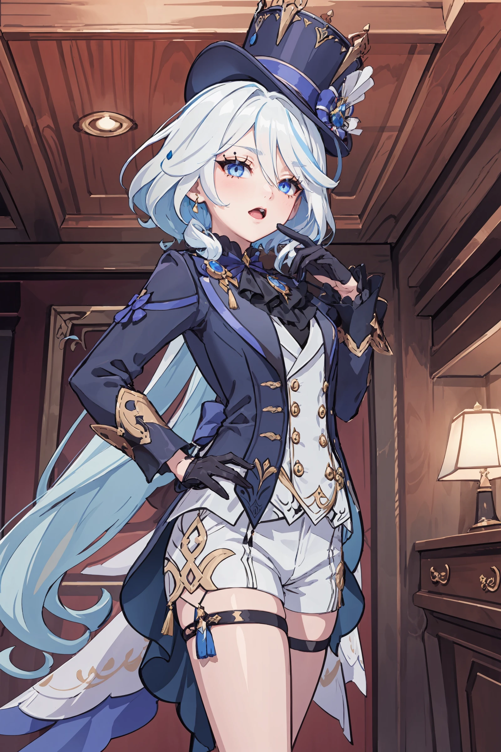 1girl, furina \(genshin impact\), mismatched gloves, top hat, blue jacket, short shorts, thigh strap, waist cape, looking at viewer, smug, open mouth, naughty face, ojou-sama pose, cowboy shot, theater, indoors, <lora:Smug:1>