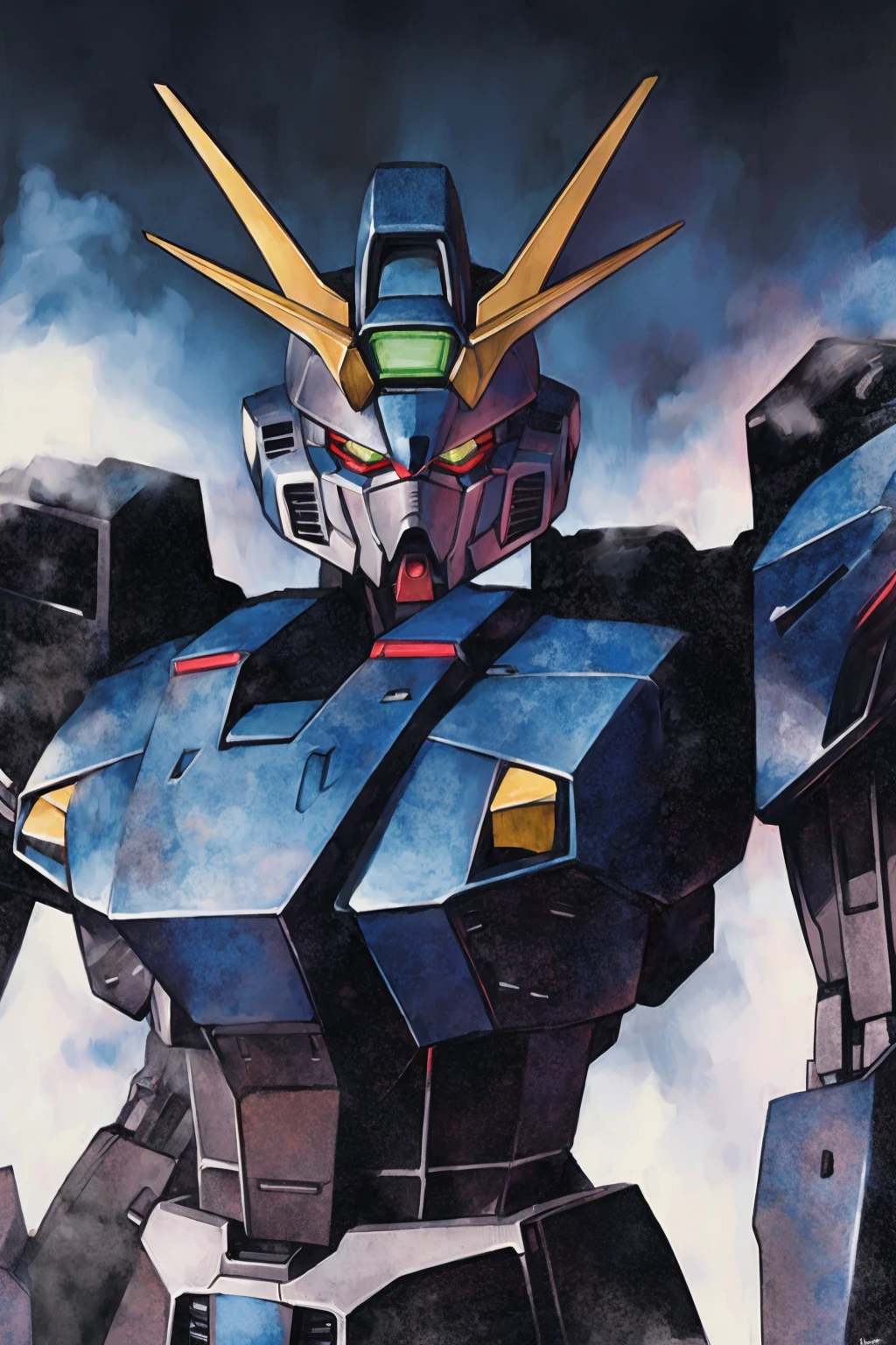 hector trunnec, masterpiece, best quality, a Gundam mecha, smoke, glowing eyes, standing, close-up