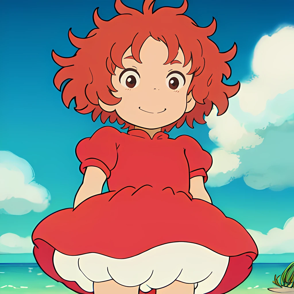 Masterpiece, ultra detailed,1girl, flat chest, (solo), brown hair, short hair, red dress, standing, ponyo, <lora:Ponyo:0.8>, cinematic, beach, water, curly hair, smile