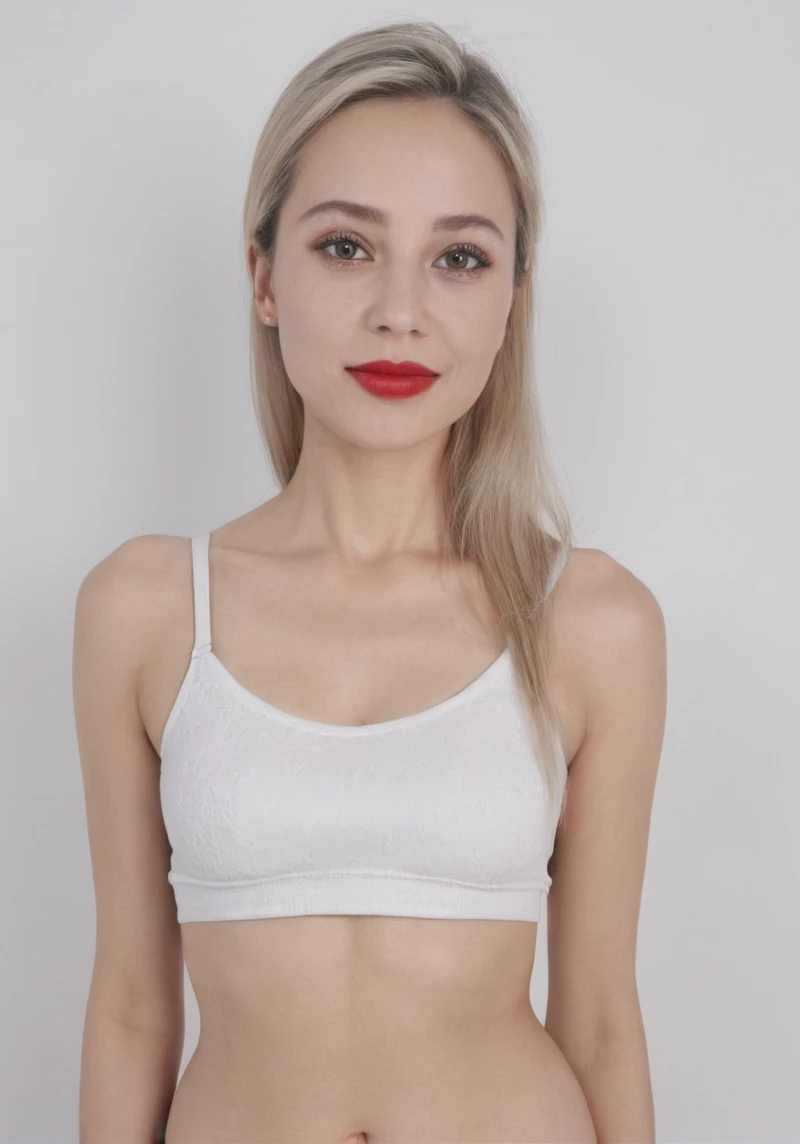 a woman in a bra with,wearing a tank top,slim figure,((masterpiece)),((best quality)),8k,high detailed,ultra-detailed,(photorealistic:1.4),(highly detailed skin),4K,RAW,best quality,(masterpiece),(ultra-detailed),(hyperrealism:1.2),extremely detailed eyes,(extremely detailed face),full body,textured skin,looking at camera,(photorealistic),hyperdetailed:1.2),insane details,makeup,eyeliner,red lips,happy,Wrinkles,Fine Lines,Hyperpigmentation