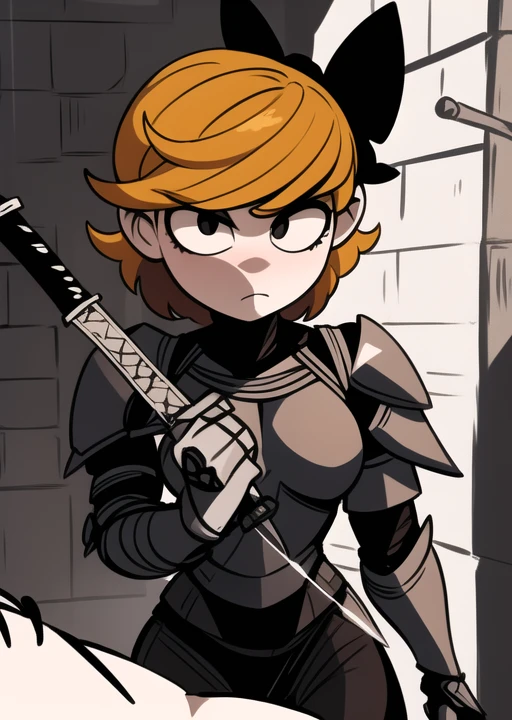 <lora:derpina-09:1> derpina, detailed background, holding sword, wearing female knight body armor, angry, action scene, dark scene, bright character, masterpiece, best quality
