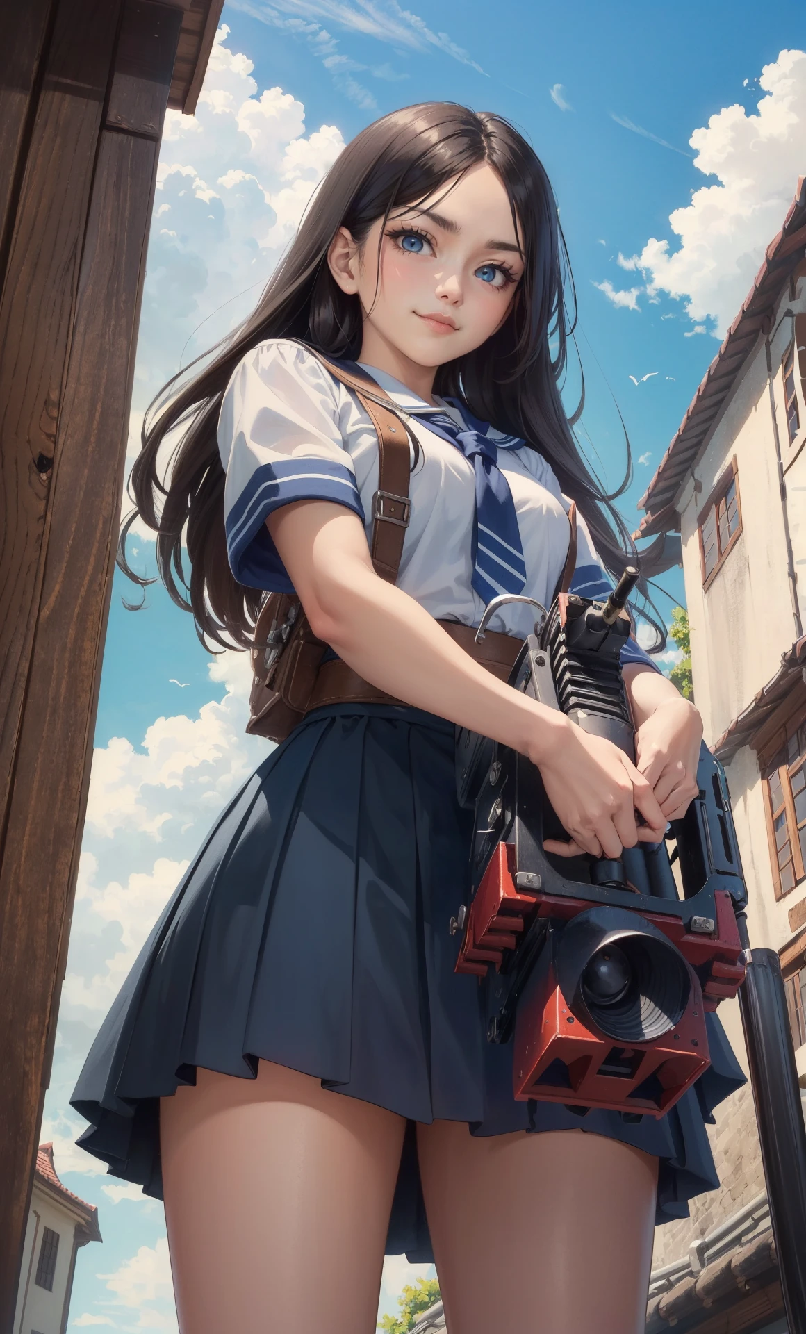 ((Top quality)),((masterpiece)),((perfect face)),((background blur)),((kawaii)), nsfw,
One schoolgirl, summer school uniform, A perfect Japanese sword, Japanese sword in each hand, Japanese sword in each hand, two sword license, long black hair, brown eyes, (beautiful eyes in detail).
A place in Europe in the 1600s, midnight, many cats on the street, about to fight to the death with cats, fired up, serious, fearless smile, cool, dynamic angle, ((kawaii)),
((heavy Gatling gun in tow)), close-up,, outdoor, blue sky, cloud day, day,, (((FROM BELOW)))
