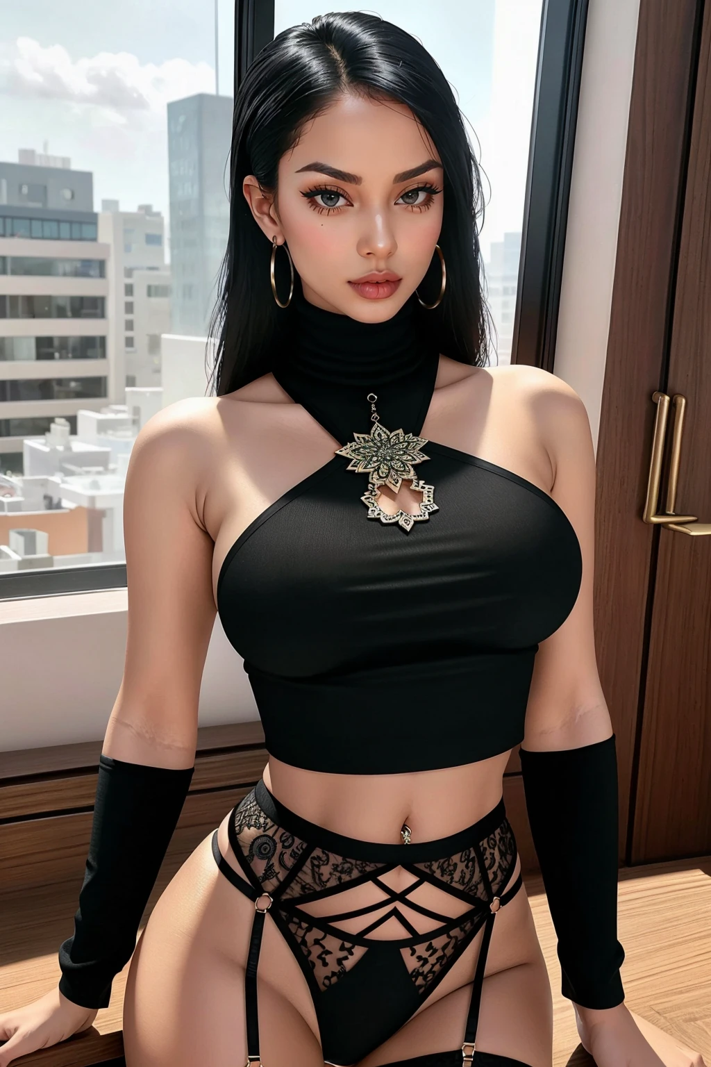 ((Masterpiece, best quality)), edgQuality,
edgCL, jewelry, black panties, piercing, lace trim, close-up, o-ring, navel piercing ,wearing edg CL chic lingerie,((turtleneck,crop top,modest clothing))
 <lora:edgChicLingerie_R:1>