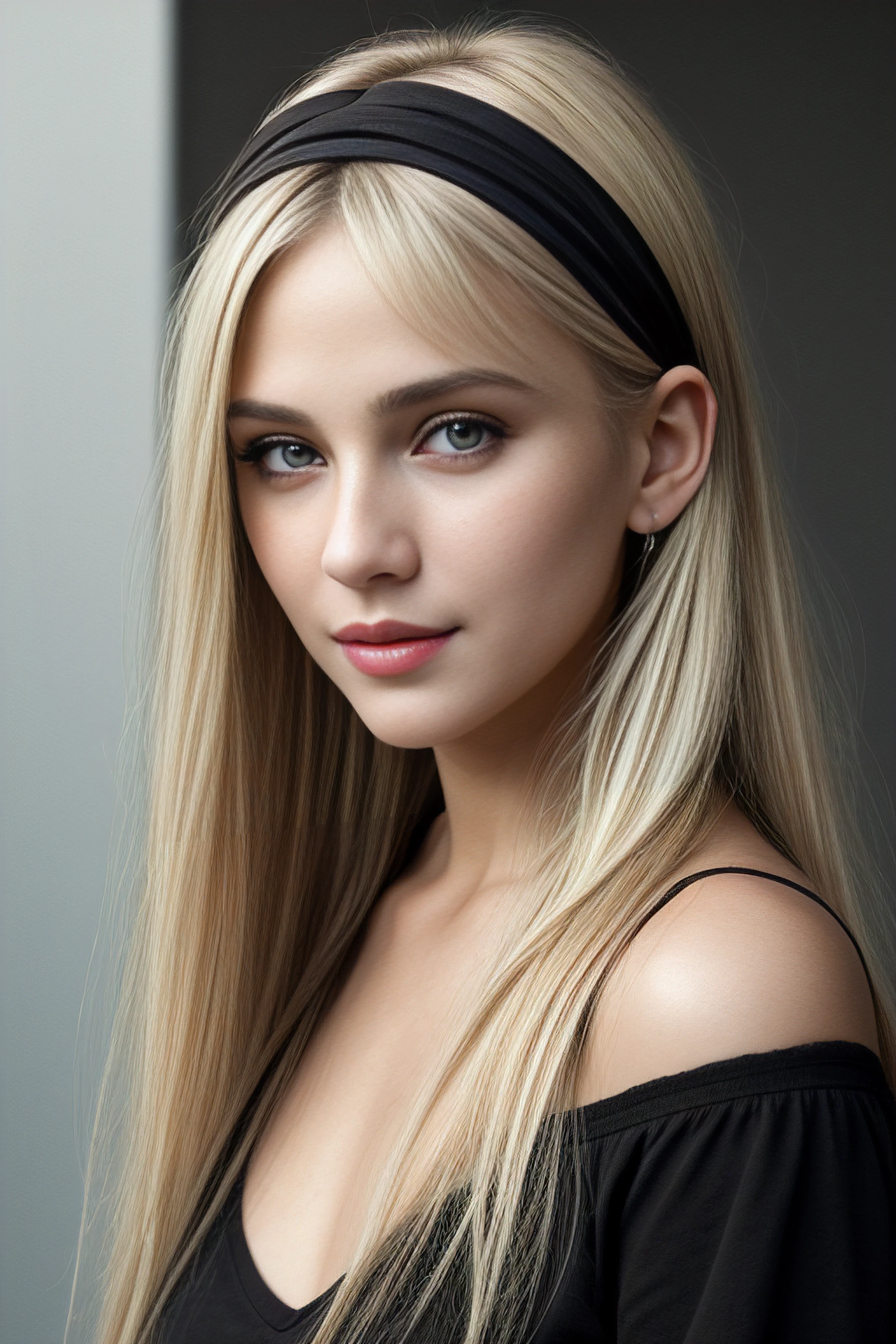 real, masterpiece, best quality, (detail skin texture, ultra-detailed body),
<lora:AbbieCornish_smf_lora_v02-000004:0.9>, 1girl, 4b6i3c-smf, solo, blonde hair, hairband, realistic, long hair, lips, black shirt, upper body, expressionless,  brown eyes, smile