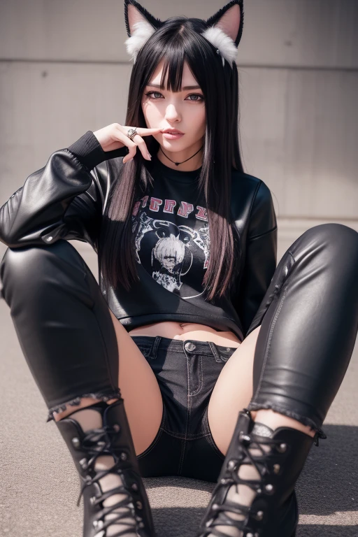 <lora:catgirl:0.4>, catgirl cat ears,
woman, (masterpiece:1.4, best quality), (intricate details), unity 8k wallpaper, ultra detailed, hyper realistic, detailed skin, Sitting with one leg tucked under and the other extended, Grunge Rocker: Ripped jeans, band tee, leather jacket, and combat boots.