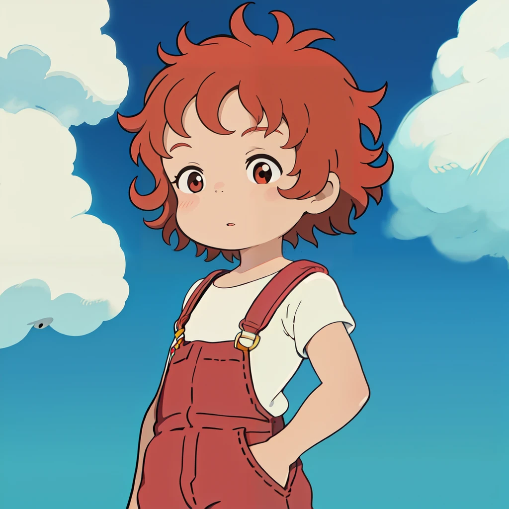 Masterpiece, ultra detailed,1girl, flat chest, (solo), brown hair, short hair, red overalls, standing, ponyo, <lora:Ponyo:0.7>, cinematic, snow, curly hair