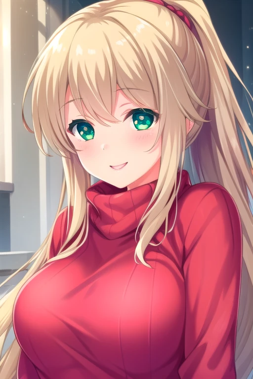 masterpiece, best quality, highly detailed background, perfect lightingbest quality, <lora:Mochizuki-Erena:0.6>, 1girl, solo, blonde hair, ponytail, long hair, green eyes, breasts, red sweater, smile, closed mouth, pink lips.