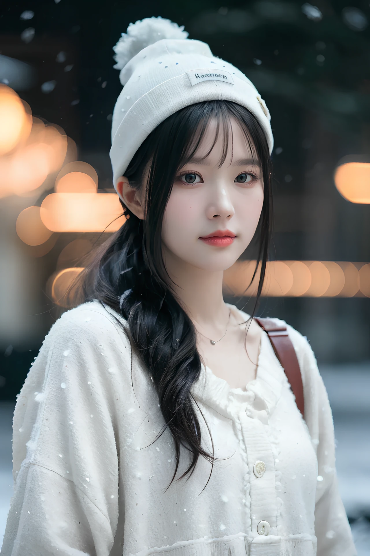 hyper realistic lifelike texture dramatic lighting unreal engine trending on art station, award winning photo, nikon RAW photo,8 k, Fujifilm XT3,masterpiece, best quality, realistic, photorealistic, ultra detailed, extremely detailed face, solo,1girl, standing, fashionable and trendy atmosphere, a dreamy atmosphere, snowing, wearing beanie,