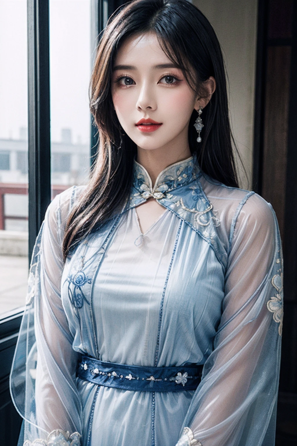 cinematic photo (best quality, masterpiece, 8K, ultra high res, realistic:1.3),(Beautiful and detailed face:1.2),(upper body:1.2),1girl,solo,looking at viewer,big eyes,small breasts,slim body,arms at sides,smile,(Extremely detailed blue chinese long embroidery silk robe:1.2),earrings,hairpin,necklace,architecture,east asian,riverside,(transparent clothes:1.8),(long sleeves dress:1.2),<lora:add_detail:0.3>,<lora:more_details:0.3>,<lora:FilmVelvia3:0.4>,