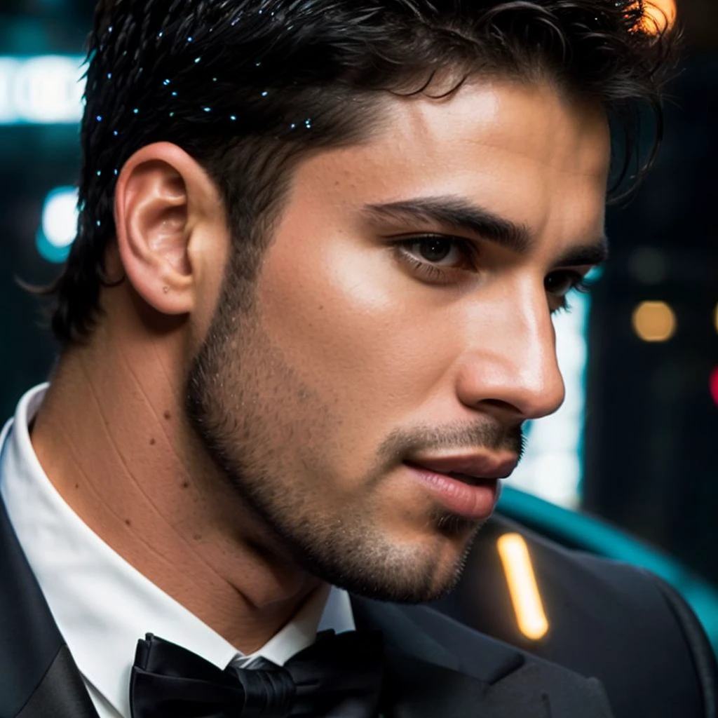 face portrait of danielmontoya person using a tuxedo, in blade runner, professional photography, high resolution, 4k, detailed photo, <lora:danielmontoya_31050:1>