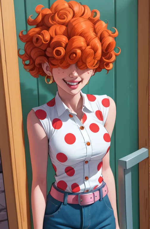 LeeK, curly orange hair, hair over eyes, 
standing,   upper body , solo,   smile, 
earrings, polka dot shirt, belt 
picket fence, morning      
(insanely detailed, beautiful detailed face, masterpiece, best quality) 
 <lora:LeeKanker-10v7:0.8>