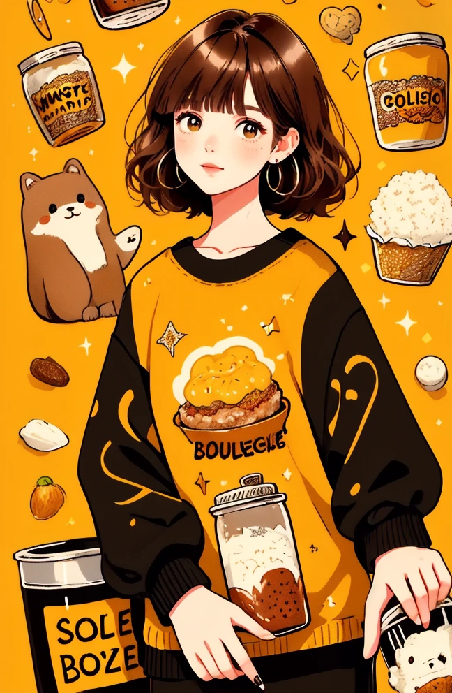 masterpiece, best quality
cute doodle, 1girl, solo, short hair, food, jewelry, earrings, long sleeves, black shirt, bangs, bottle, shirt, sweater, blush, brown hair, yellow background, english text, sparkle, cup
<lora:Cutedoodle_SD15-000008:0.65>