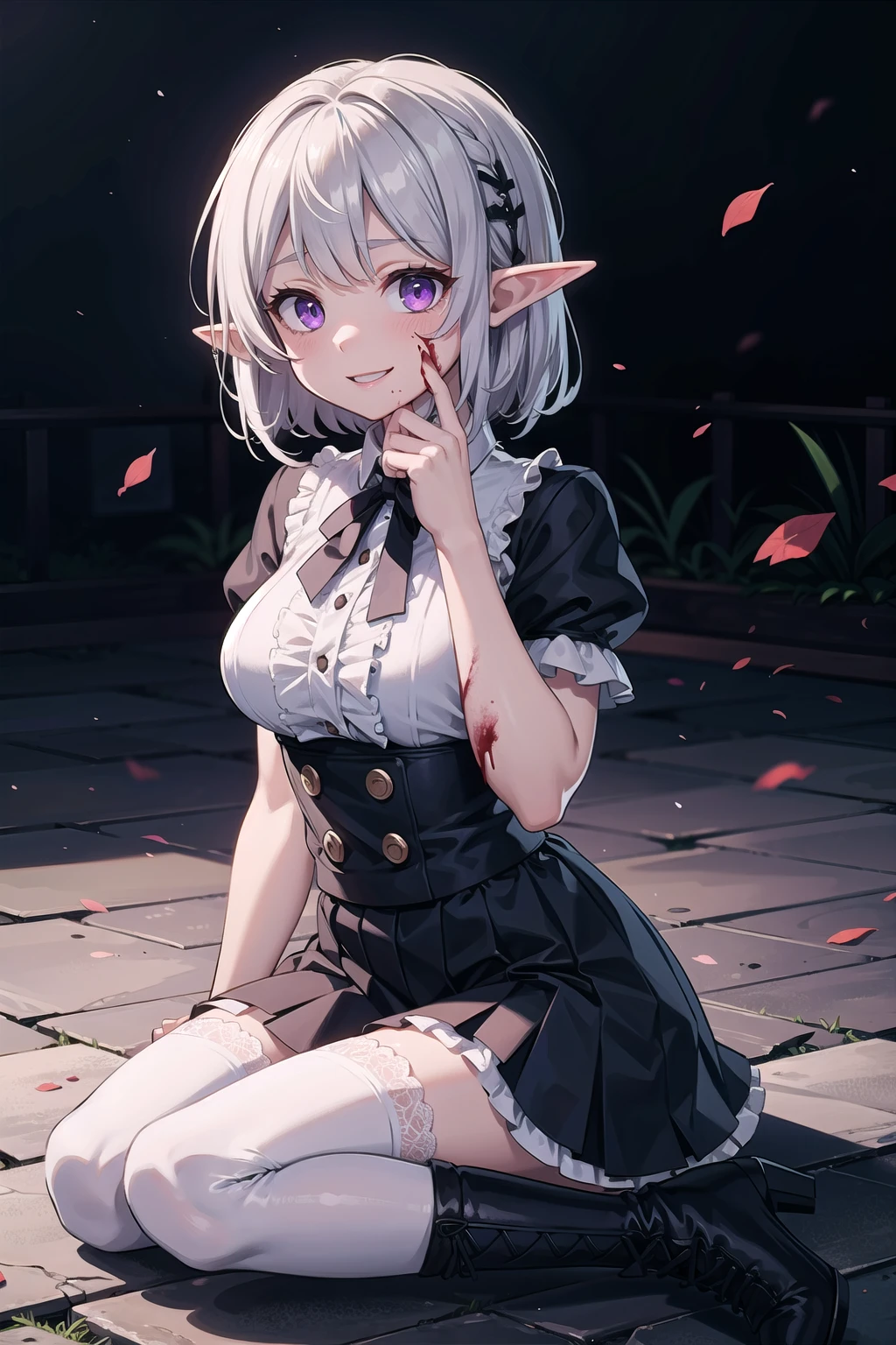 (masterpiece), best quality, high resolution, extremely detailed, detailed background, cinematic lighting, outdoor, 1girl, elf, medium hair, silver hair, crossed bangs, purple eyes, medium breasts, pink shirt, pink dress, drastic hair ornaments, skirt, frills, lace rims, frilled sleeves, frilled skirt, thighhigh, ankle boots, yandere, yandere face, shaded face, crazy eyes, glowing eyes, crazy smile, blood, blood on face, blood on clothes, hands on own cheeks