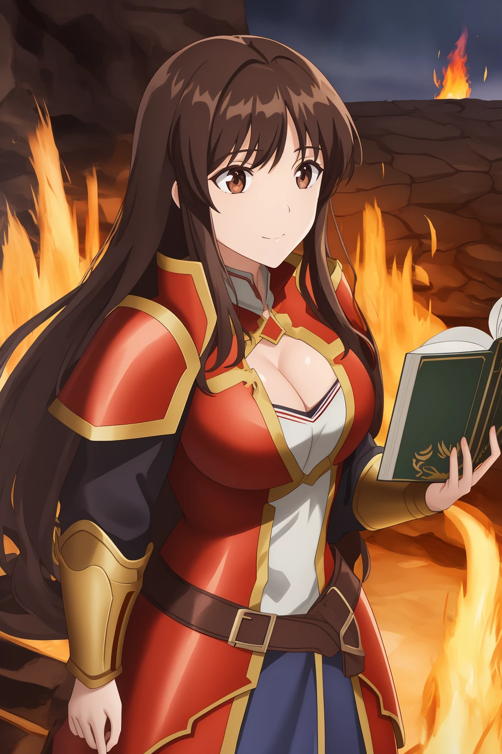 sei, 1girl, breasts, medium_breasts, solo, long_hair, bangs, brown_hair, brown_eyes, closed_mouth, standing, armor, hell, fire, abyss, red_armor, cleavage, open_book, holding