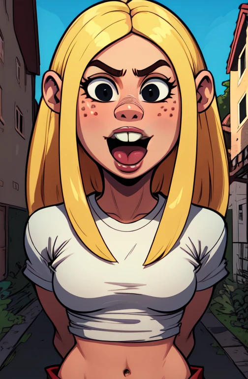 MayK,blonde hair,buck teeth,black eyes,  open mouth, 
red short, white shirt, navel, arms behind back,  
 standing, upper body,  navel, 
outdoors,  neighborhood,   morning, 
(insanely detailed, beautiful detailed face, masterpiece, best quality) 
 <lora:Maykanker-10v7:0.8>