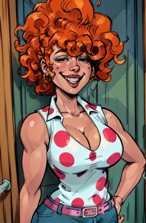 LeeK, curly orange hair, hair over eyes,  black eyes,  lips, 
standing,   upper body , solo,  cleavage,  grin, 
earrings, polka dot shirt, belt 
picket fence, morning      
(insanely detailed, beautiful detailed face, masterpiece, best quality) 
 <lora:LeeKanker-10v7:0.8>