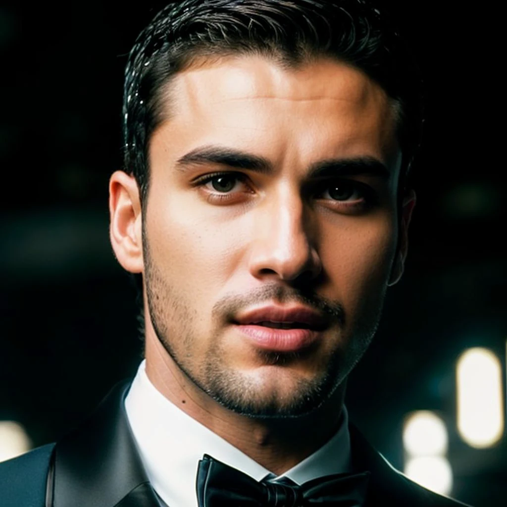 face portrait of danielmontoya person using a tuxedo, in blade runner, professional photography, high resolution, 4k, detailed photo,   <lora:danielmontoya_31050:1>