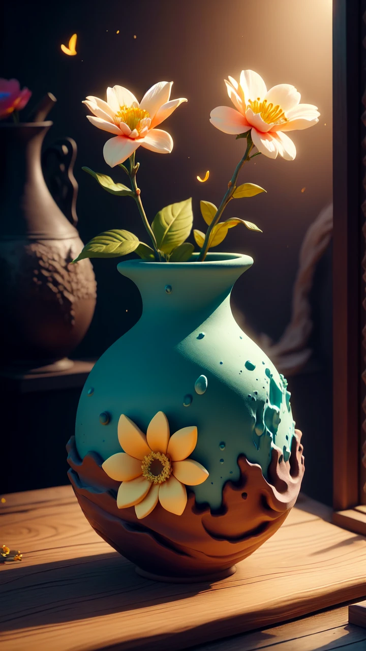 (masterpiece, best quality:1.2), (claysculpt:1.12), solo, a vase with fragrant flowers, vibrant colors, fresh, lively, aromatic, decorative, cave, blender \(medium\)